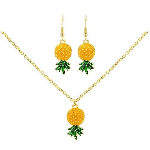 Green Leaf Pineapple Dangle Earrings Pendant Necklace Set - Picture 2 of 7